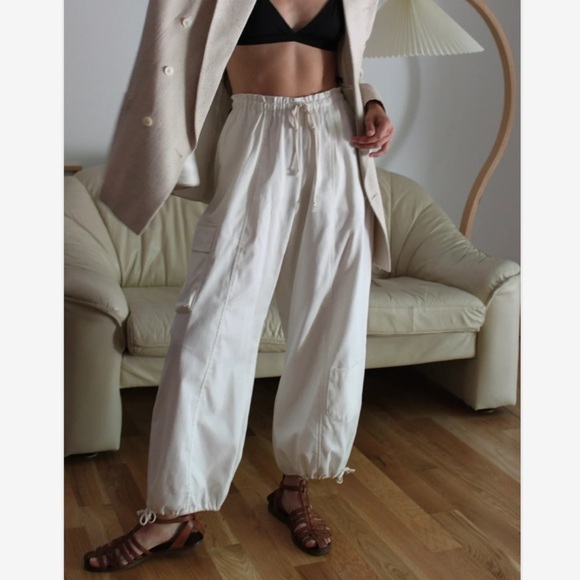 Na Nin Pants - Na Nin Cream Cotton French Twill Cooper Wide Leg Balloon Cargo Pants XS
